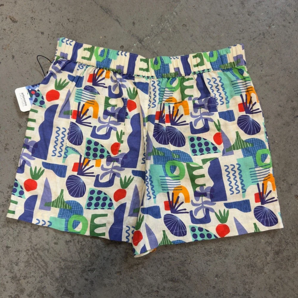 Artonomo Creatives Teresa Rego Abstract Print 100% Linen Shorts Womens Large NWT